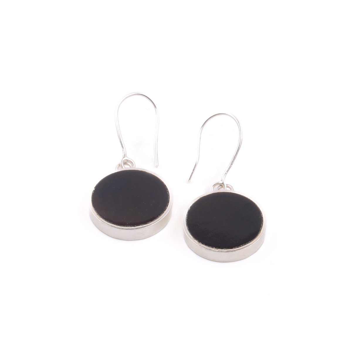 Black Agate Dangle Earrings | Silver Round Hook Earrings  