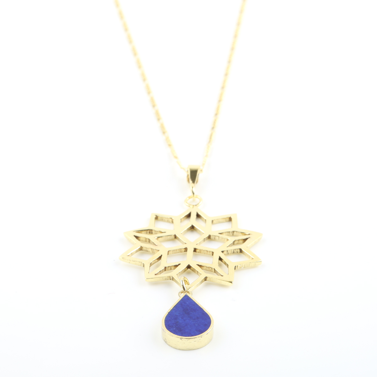 Lapis Gold Plated Pendant | Silver Floral Lattice Necklace