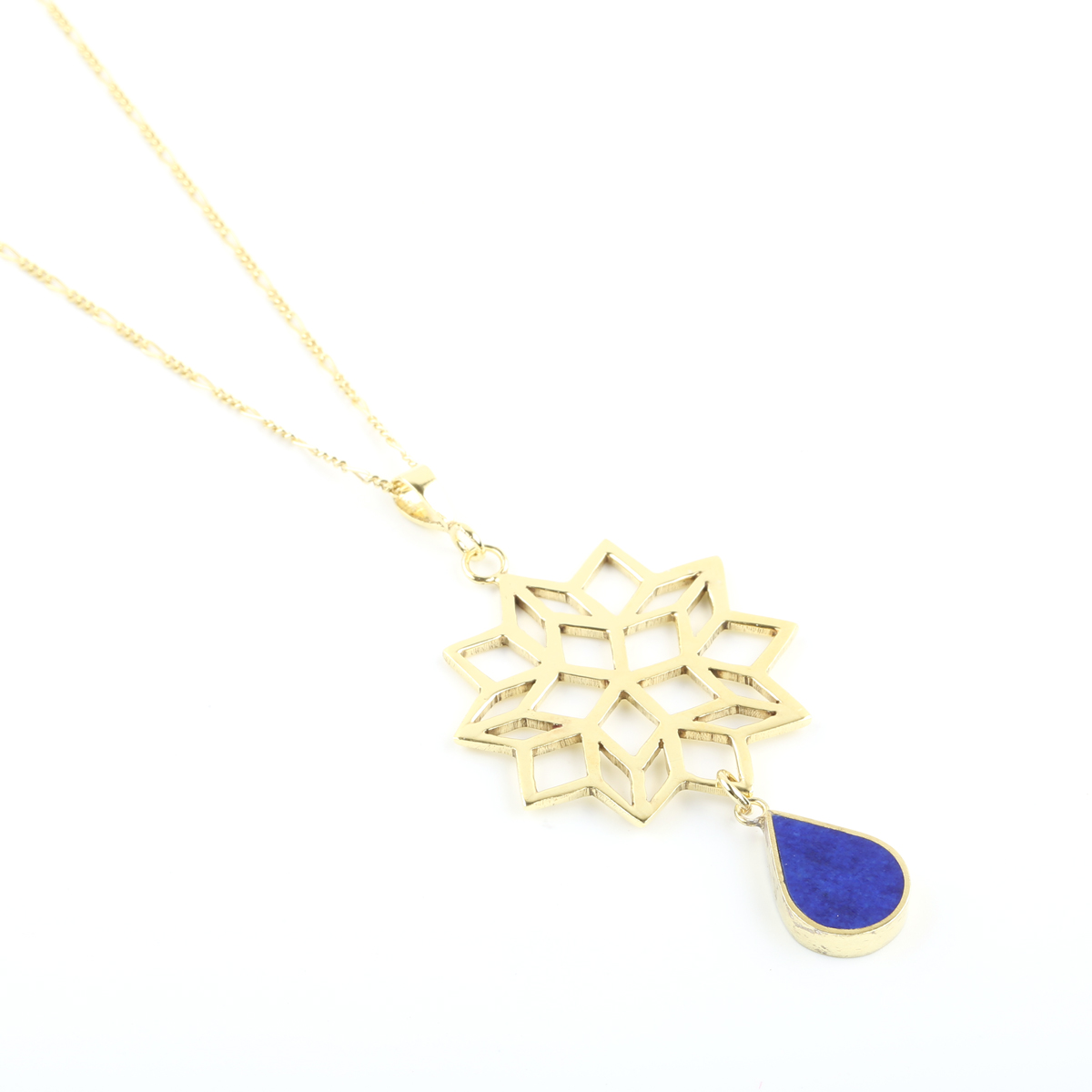 Lapis Gold Plated Pendant | Silver Floral Lattice Necklace