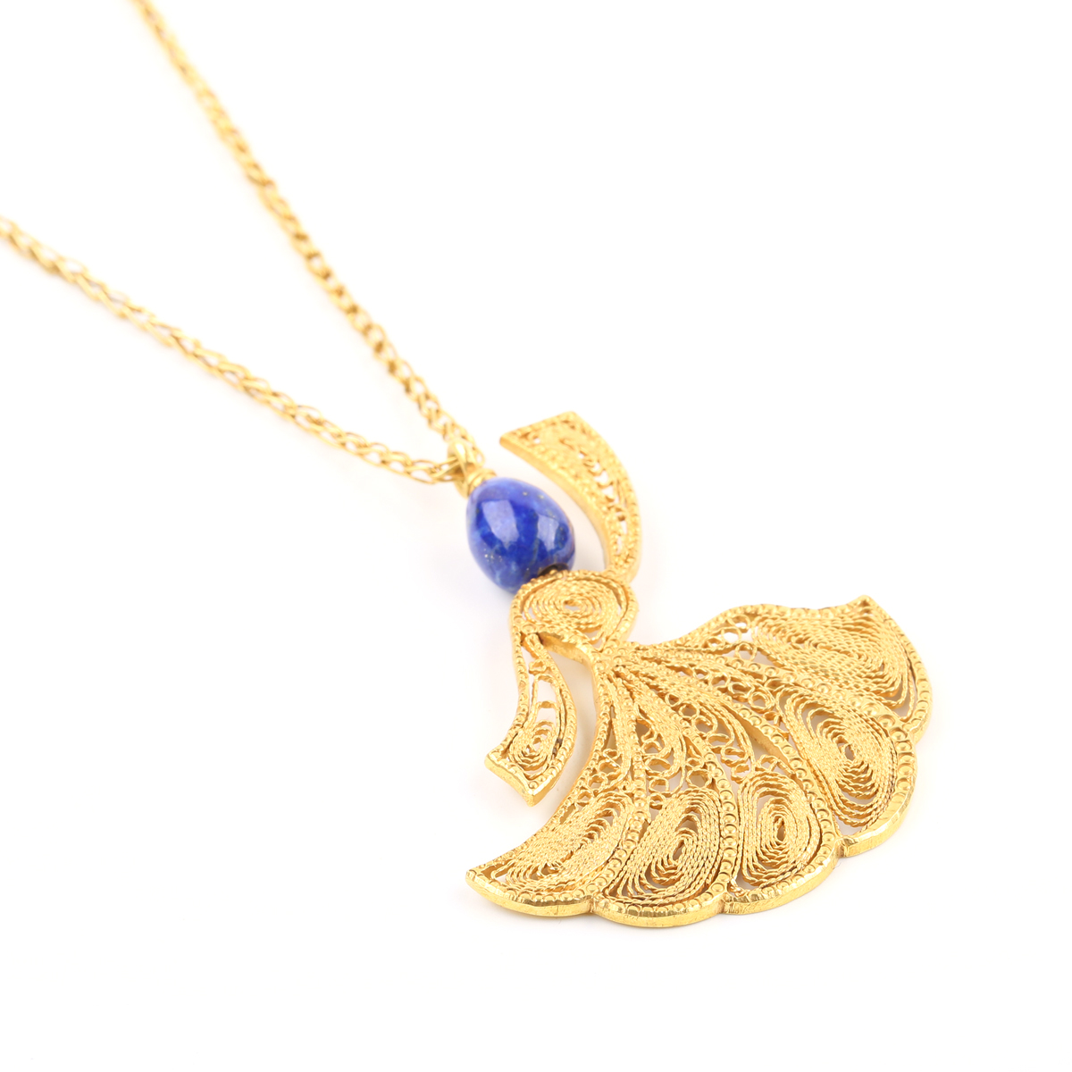 Lapis Gold Plated Necklace | Brass Rumi Design Filigree Necklace