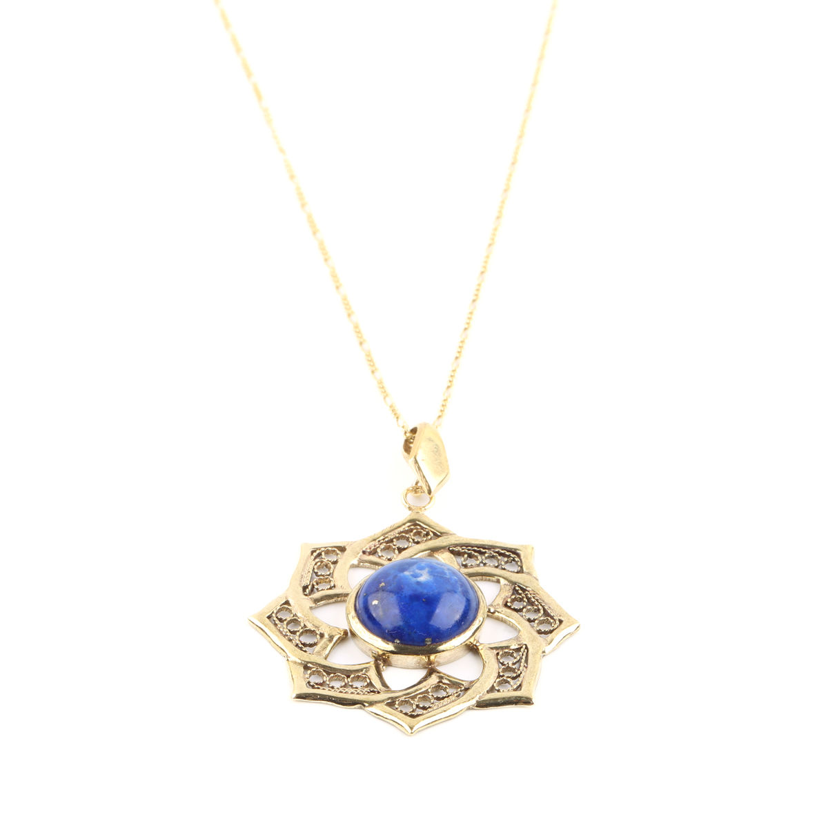 Lapis Gold Plated Necklace | Brass Floral Filigree Pendant