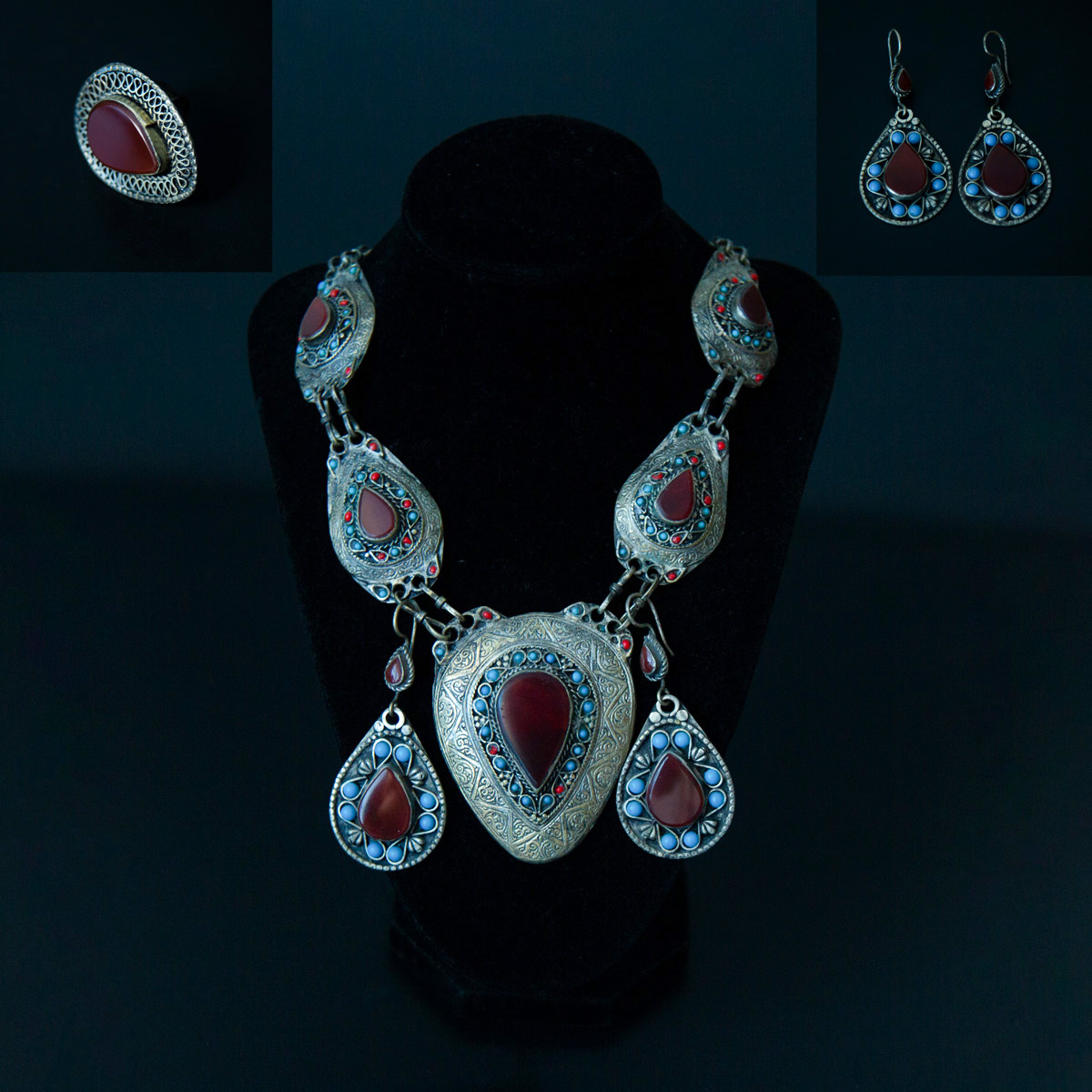 Black Carnelian Ancient Style Jewelry Set | Silver Marquise Necklace, Earrings & Ring