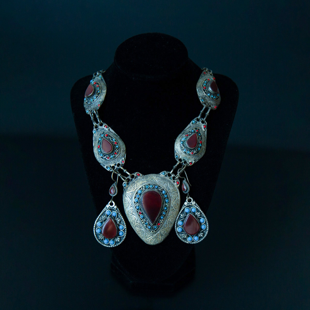 Black Carnelian Ancient Style Jewelry Set | Silver Marquise Necklace, Earrings & Ring