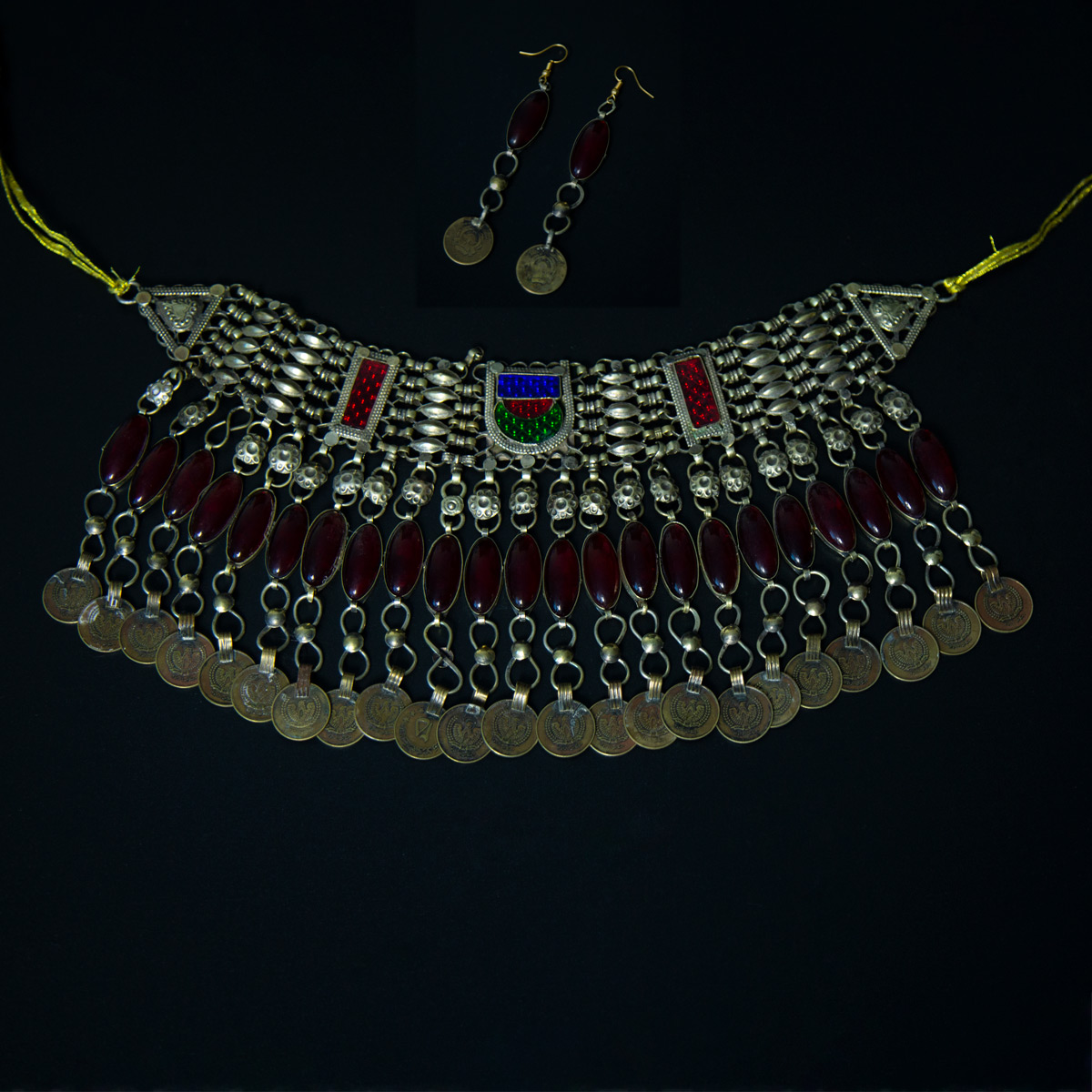 Antique Chamkai Design Jewelry Set| Silver Afghan Tribal Necklace & Earrings