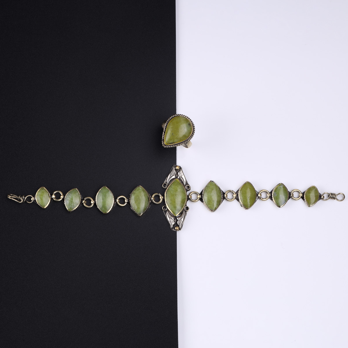 Green Peridot Stone Bracelet & Ring Set | Bronze Marquise Chain Bracelet & Ring