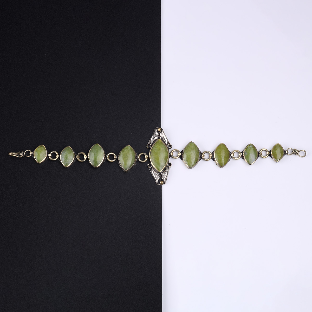 Green Peridot Stone Bracelet & Ring Set | Bronze Marquise Chain Bracelet & Ring
