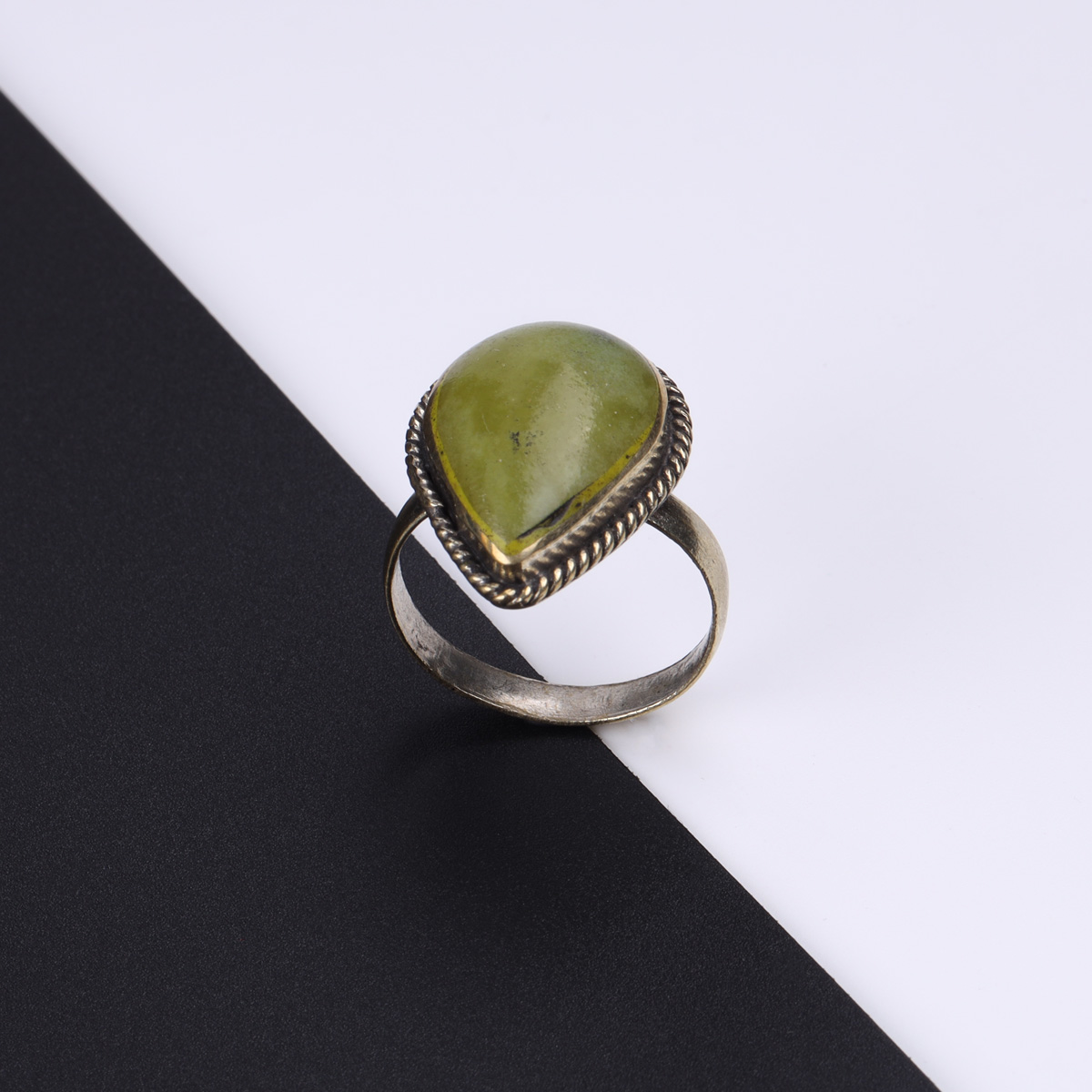 Green Peridot Stone Bracelet & Ring Set | Bronze Marquise Chain Bracelet & Ring