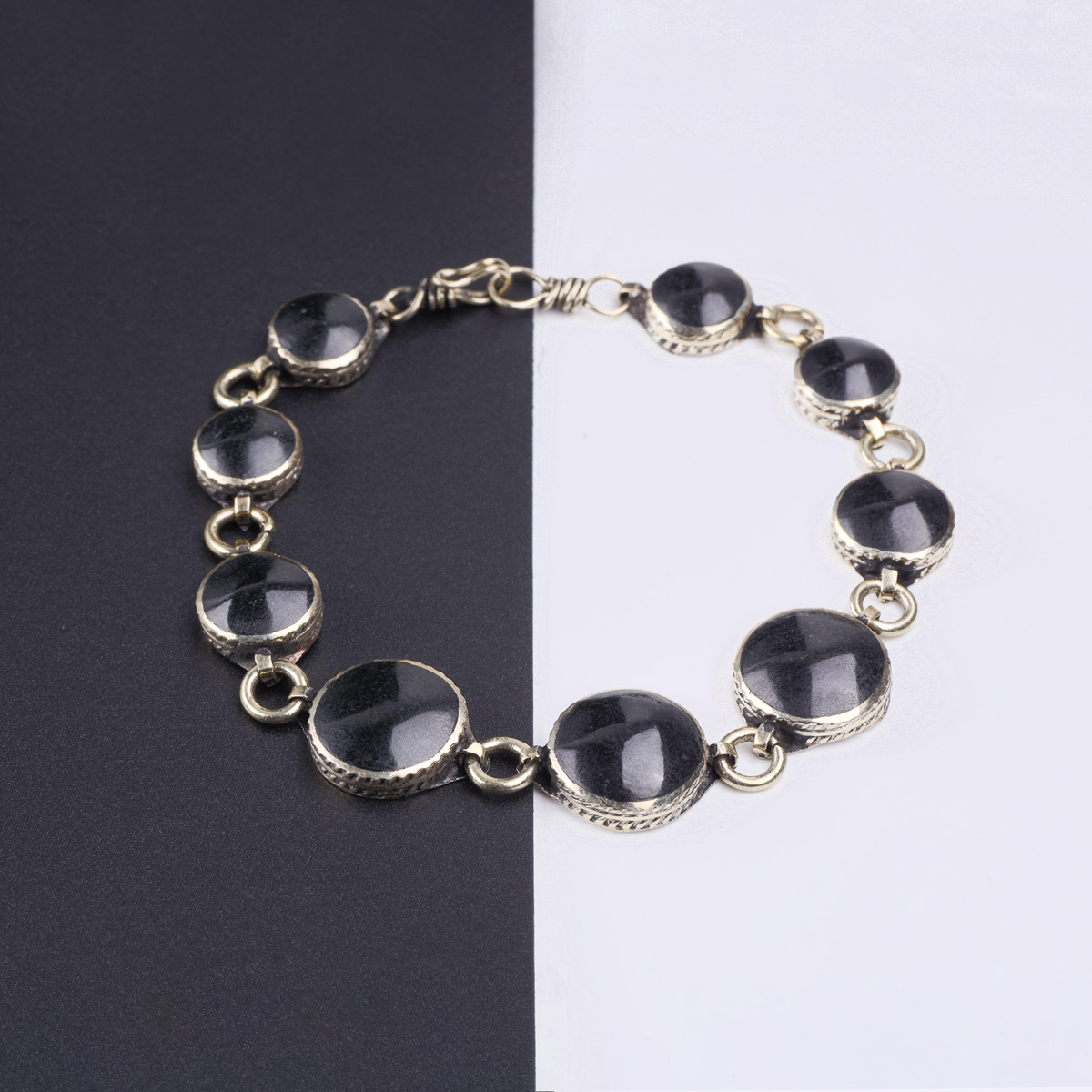 Black Agate Stone Beaded Bracelet & Ring Set | Bronze Birthstone Chain Bracelet & Ring