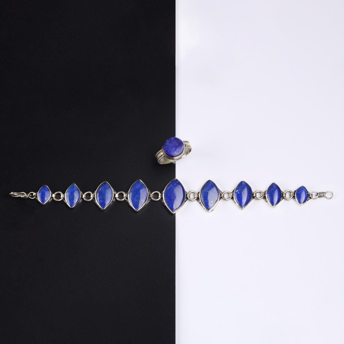 Blue Lapis Lazuli Birthstone Bracelet & Ring | Bronze Marquise Bracelet & Ring Set