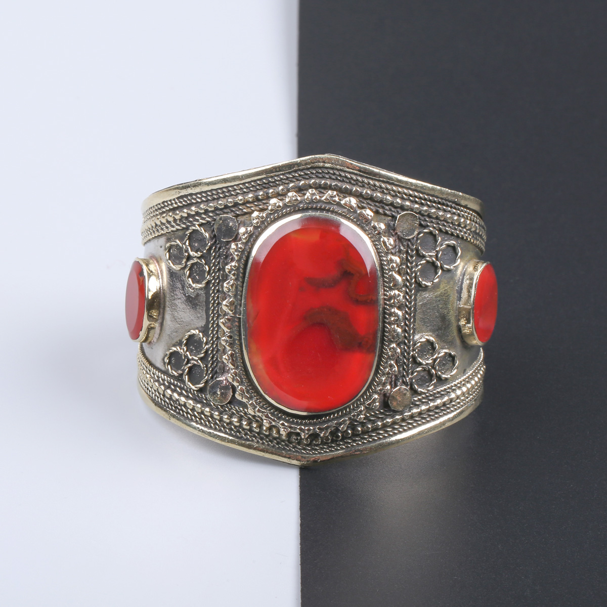 Red Agate Handcuff, Earrings & Ring | Afghan Traditional Jewelry