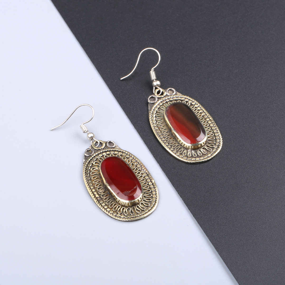 Red Agate Dangle Earrings | Gilt Afghan Fashion Earrings