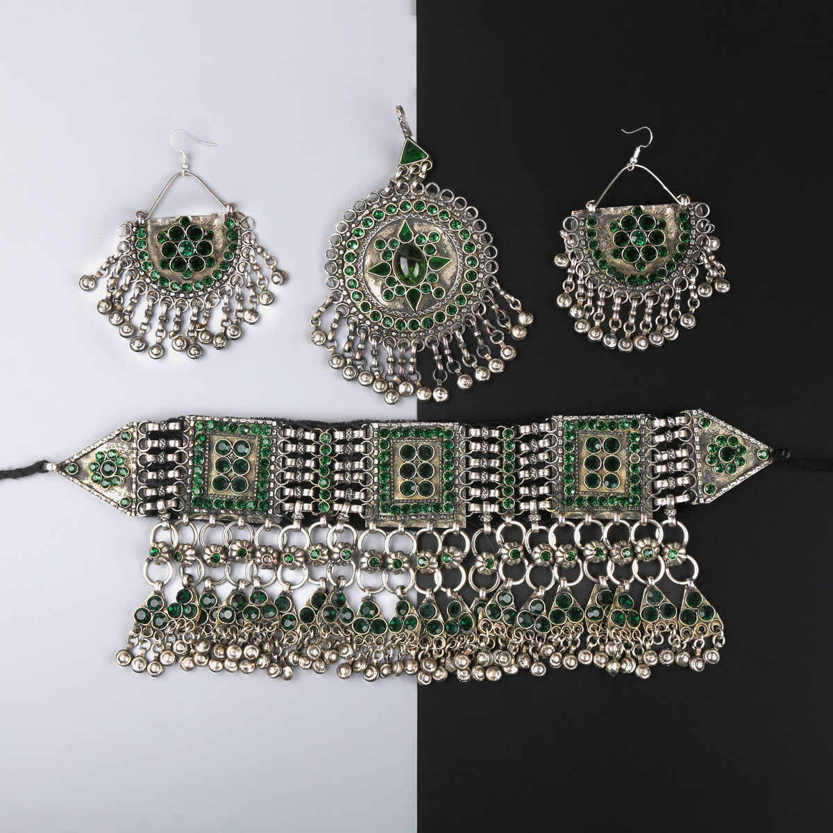 Dark Bezel Vintage Bridal Jewelry Set | Afghani Choker Necklace, Hook Earrings & Headpiece