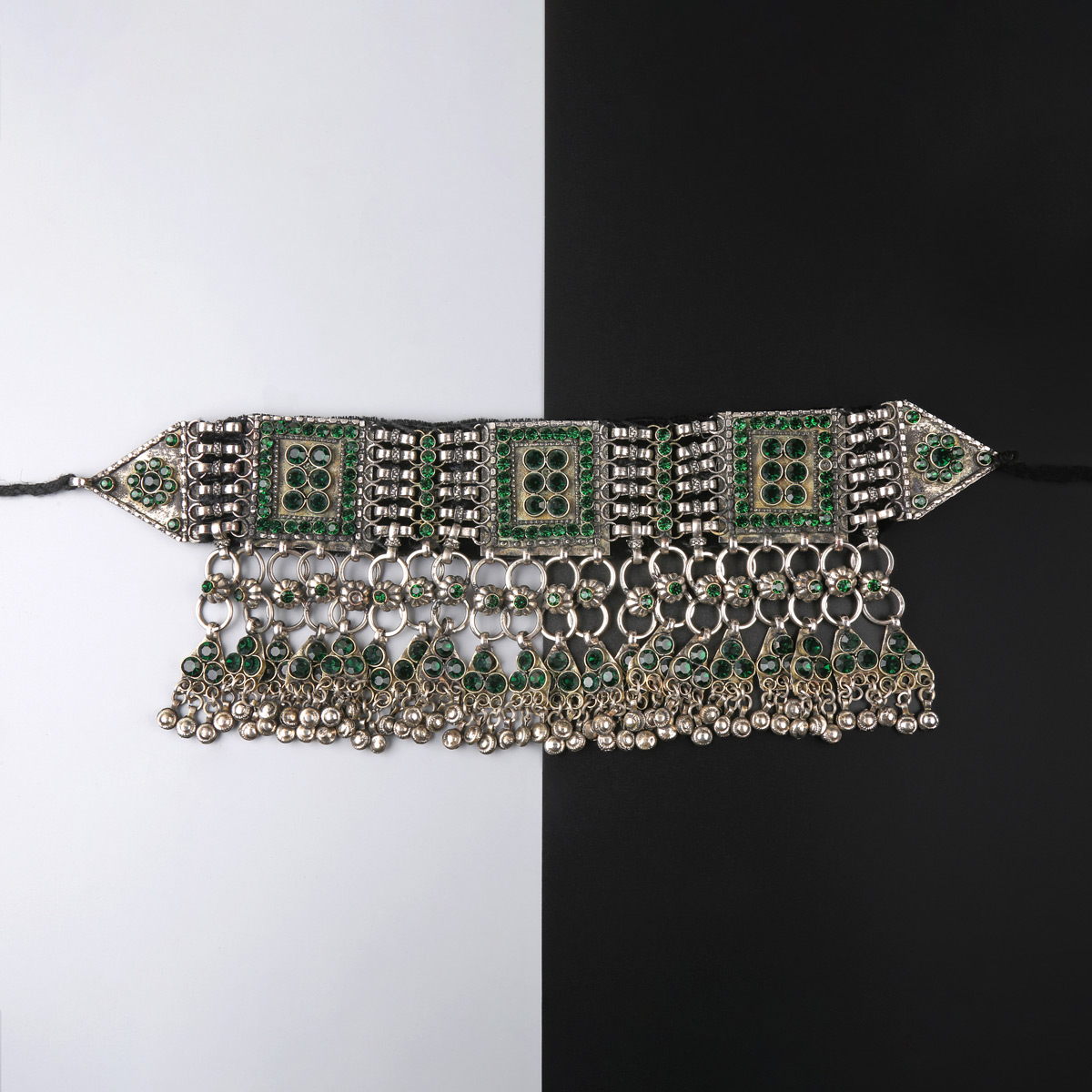 Dark Bezel Vintage Bridal Jewelry Set | Afghani Choker Necklace, Hook Earrings & Headpiece
