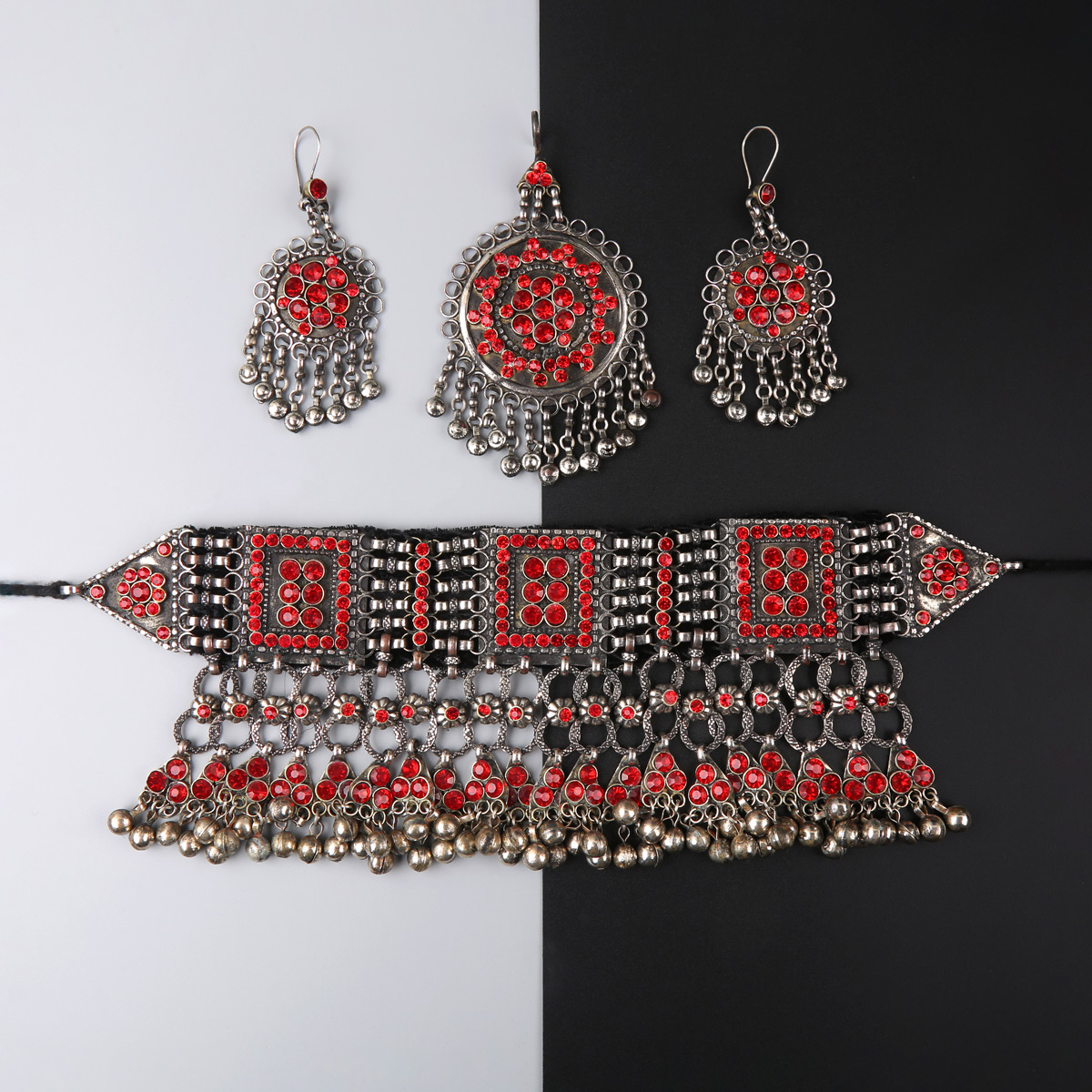 Red Vintage Afghani Jewelry Set | Tribal Choker Necklace, Hook Earrings & Headpiece
