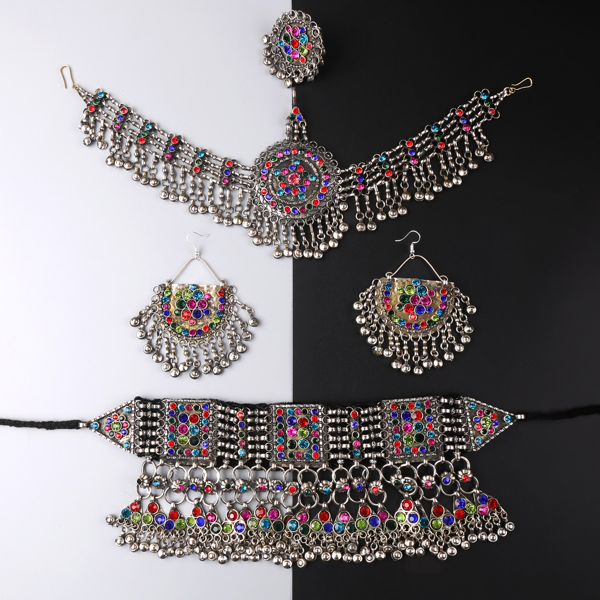 Vintage Afghani Jewelry Set | Choker Necklace, Hook Earrings & Headpiece