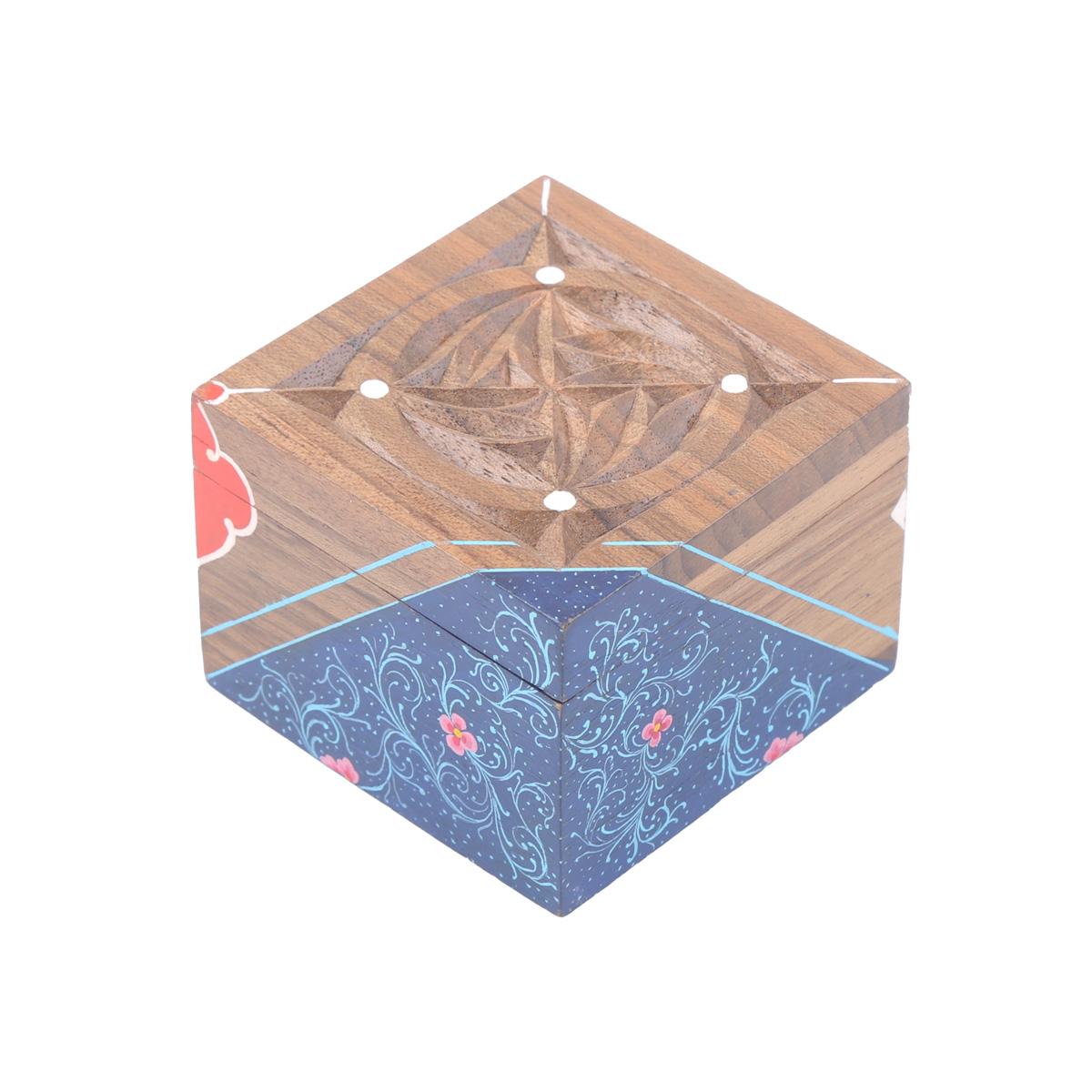 Walnut Mini Nuristani Ring Box | Square Mini Hand-Painted Jewel Box