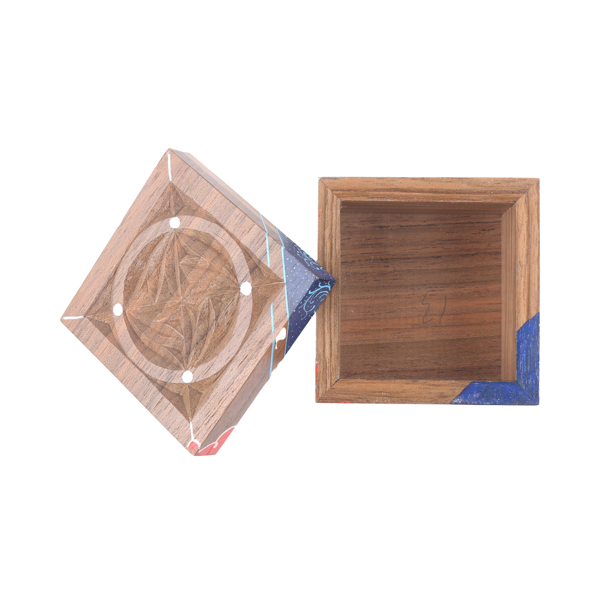Walnut Mini Nuristani Ring Box | Square Mini Hand-Painted Jewel Box
