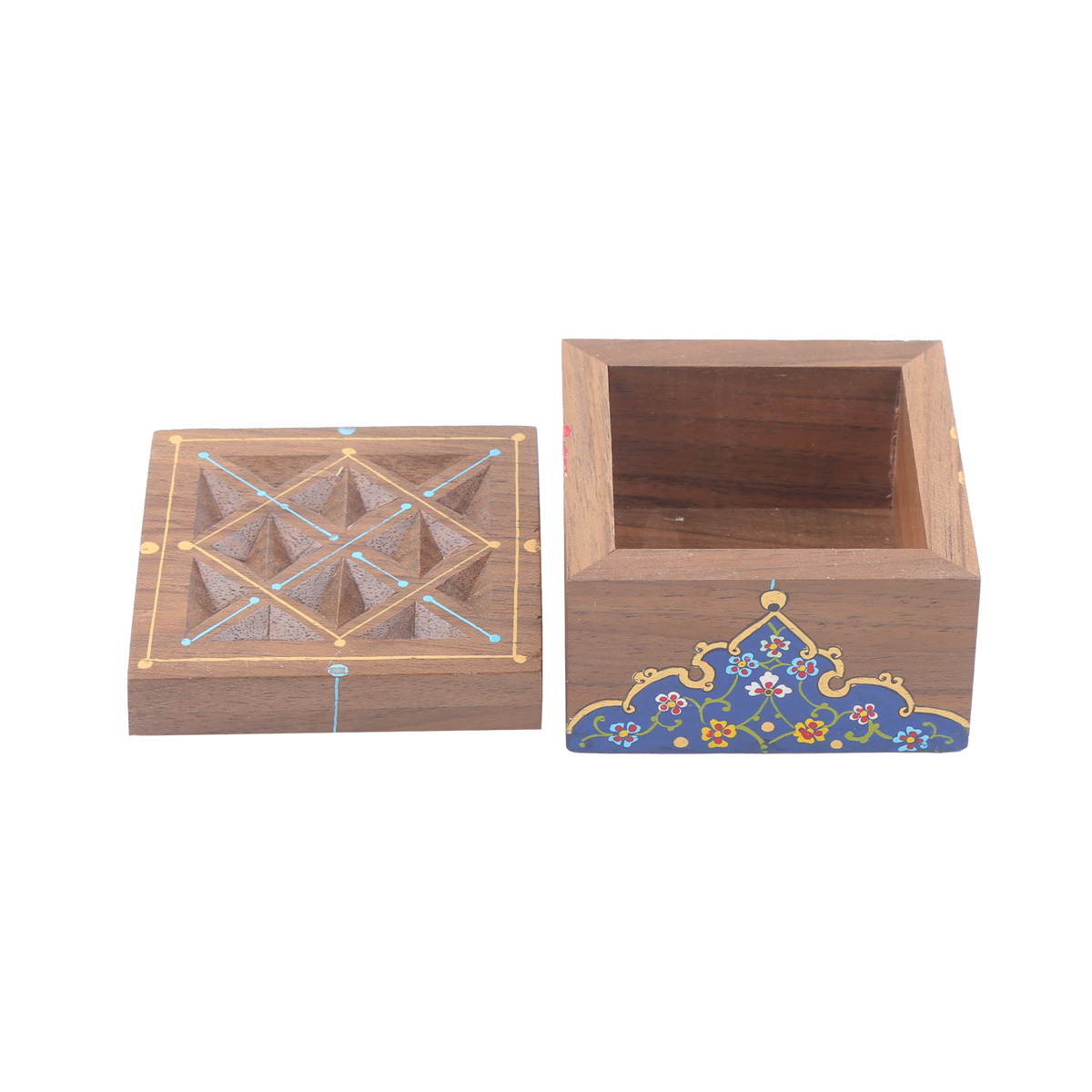 Walnut Mini Square Jewel Box | Floral Mandela Art Painted Gift Box