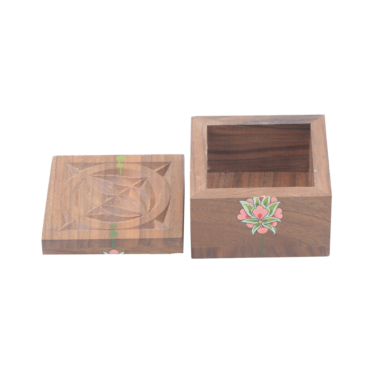 Walnut Mini Square Jewel Box | Bird & Flower Painted Ring Box