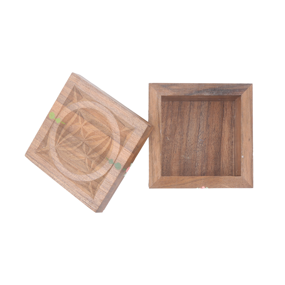 Walnut Mini Square Jewel Box | Bird & Flower Painted Ring Box
