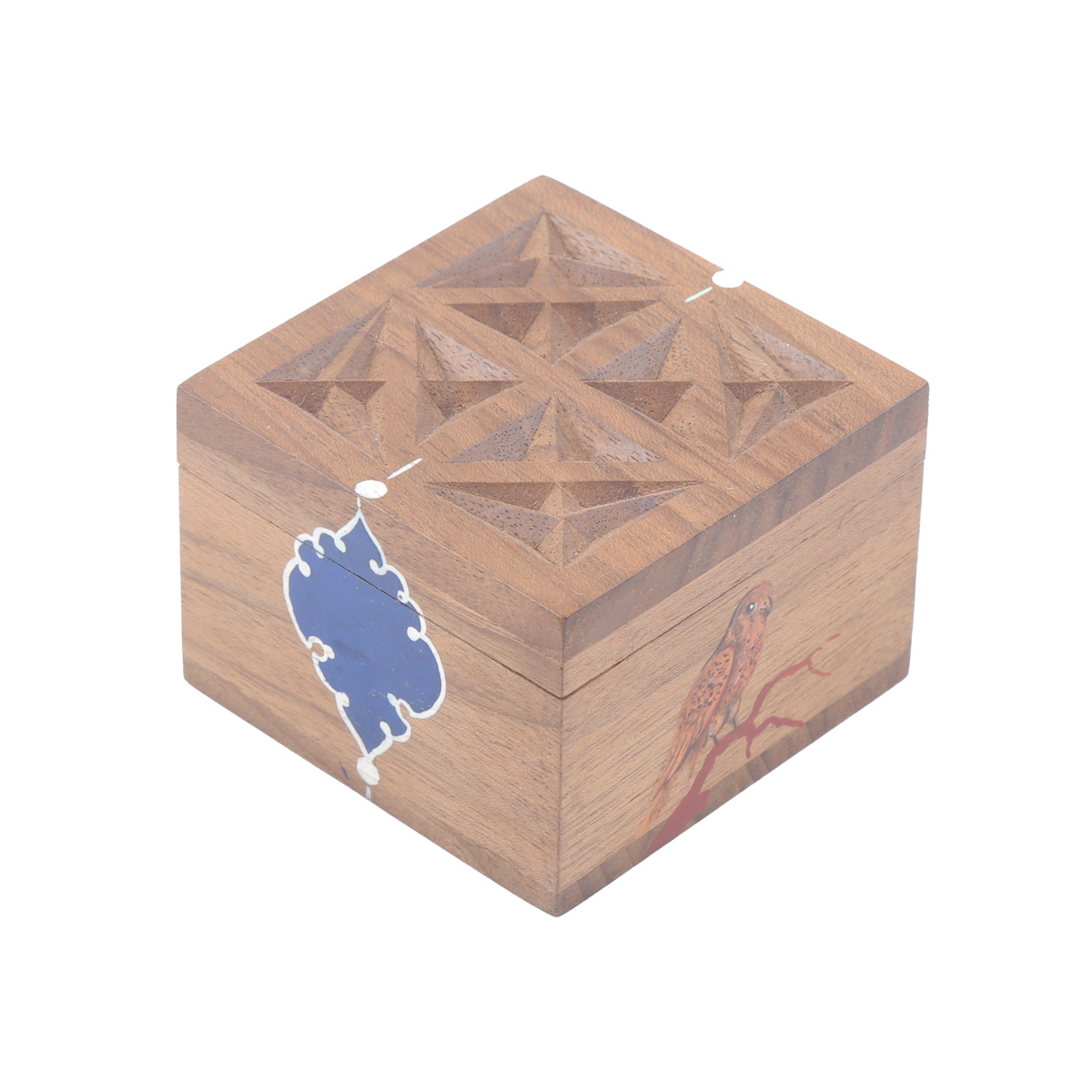 Walnut Mini Square Ring Box | Blue Flower Painted Jewel Box