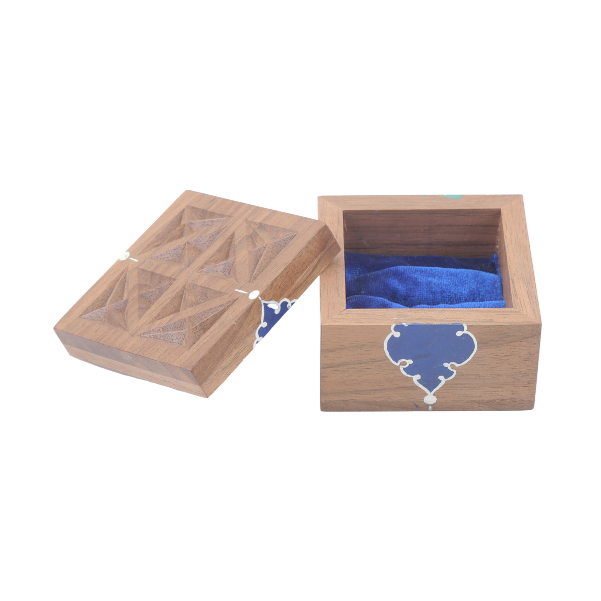 Walnut Mini Square Ring Box | Blue Flower Painted Jewel Box