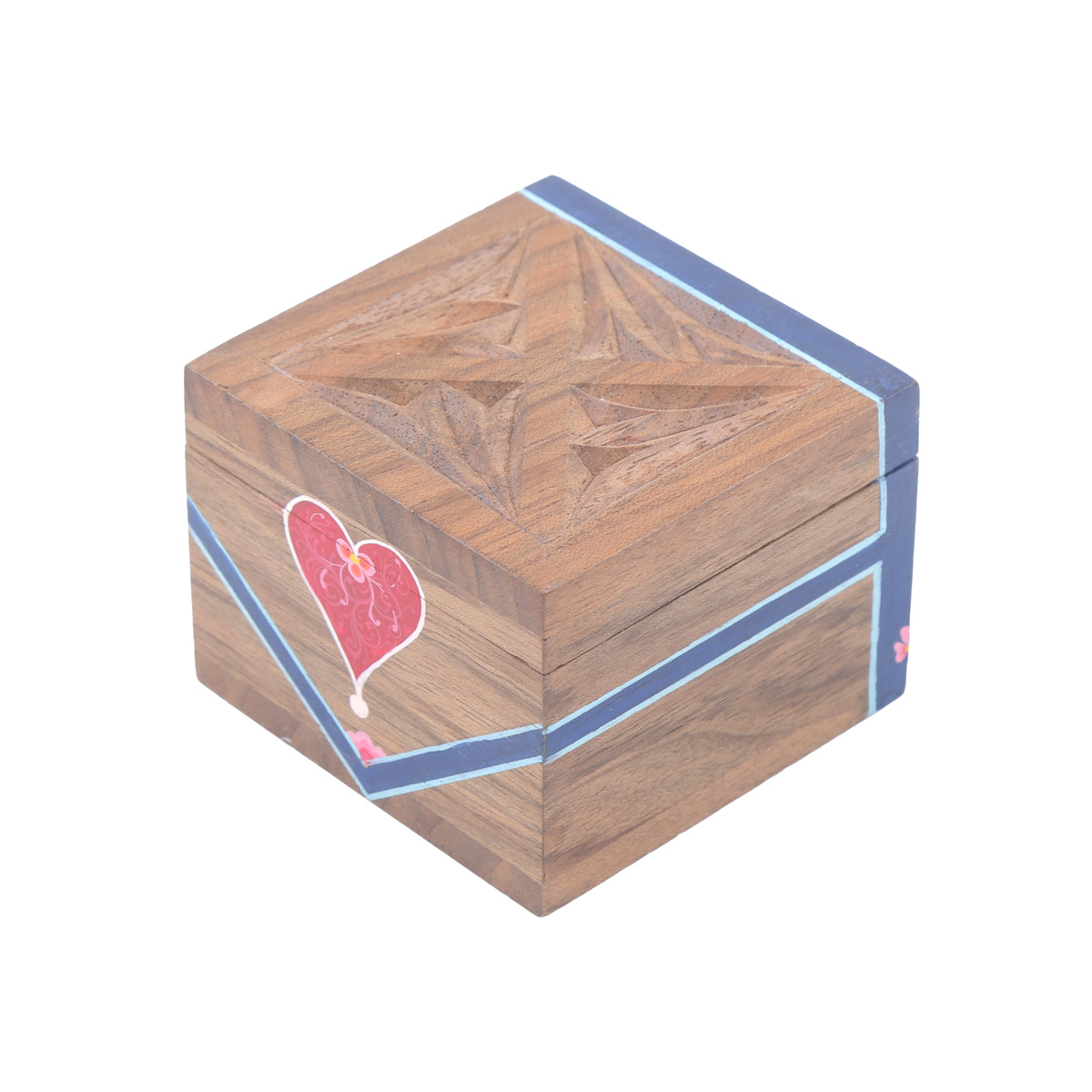 Walnut Mini Square Ring Box | Blue Flower Painted Jewel Box 