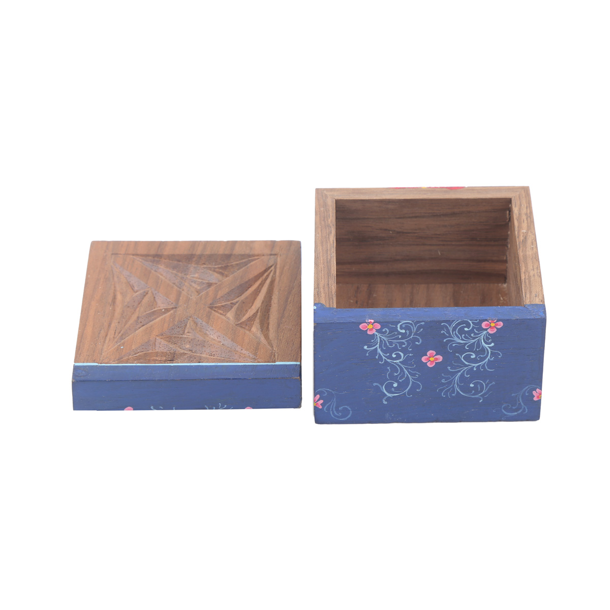 Walnut Mini Square Ring Box | Blue Flower Painted Jewel Box 