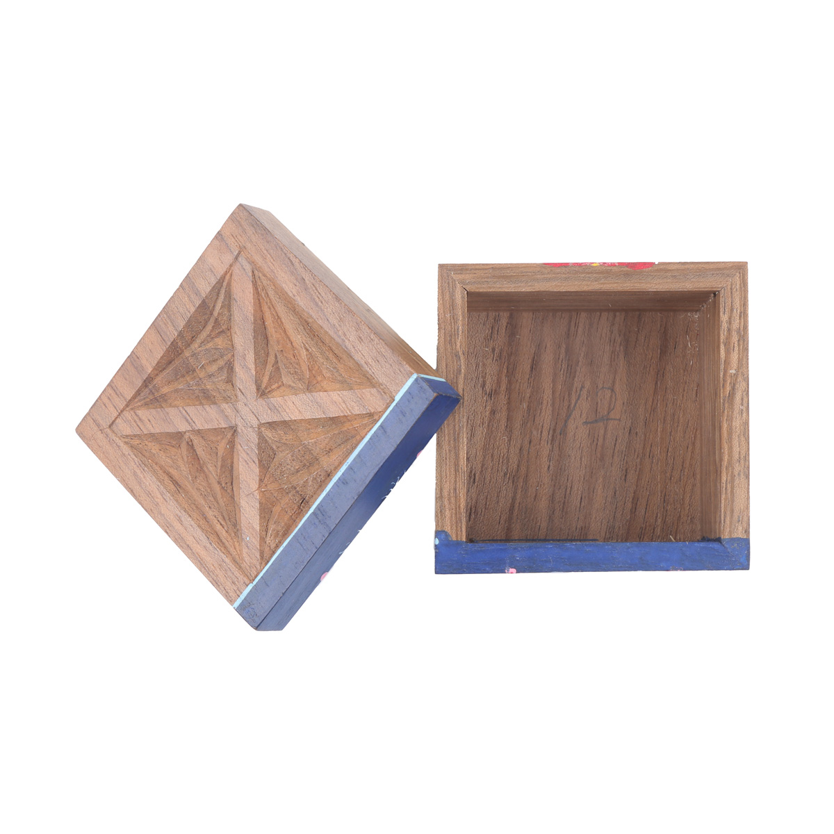 Walnut Mini Square Ring Box | Blue Flower Painted Jewel Box 
