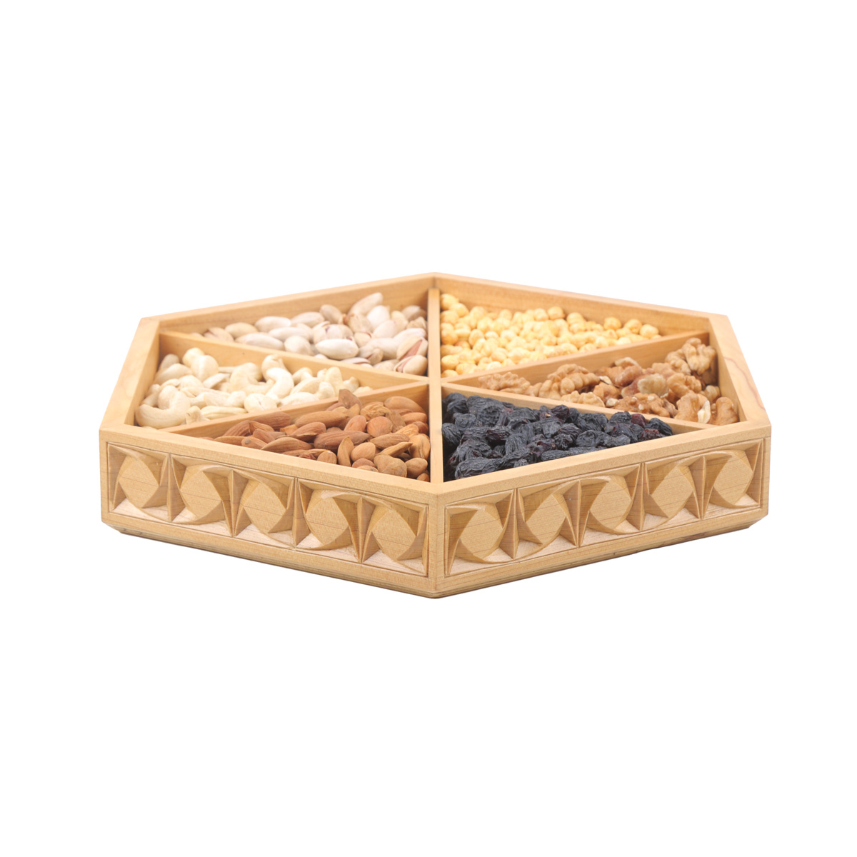 Archa Wooden Dry Fruits Plate | Hexagonal Engraved Candy Dish
