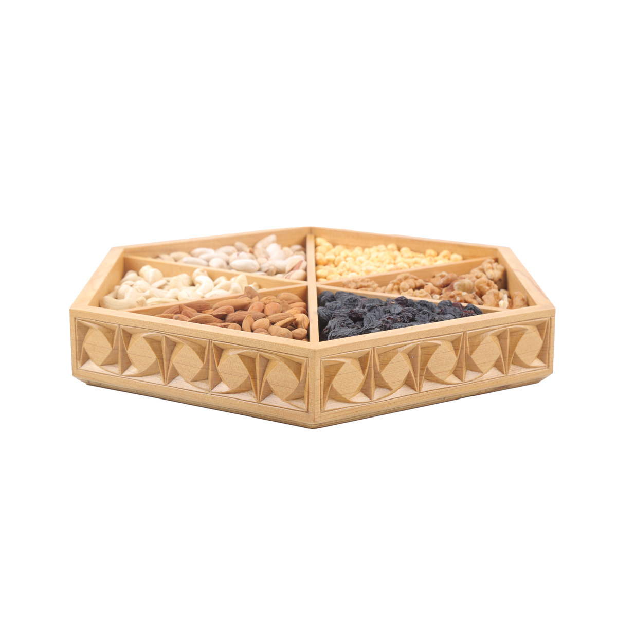 Archa Wooden Dry Fruits Plate | Hexagonal Engraved Candy Dish