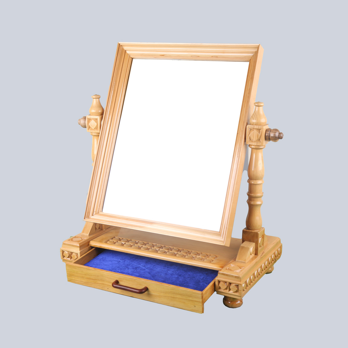 Cedar Wood Handmade Mirror Stand | Carved Mirror Stand with Attached Drawer