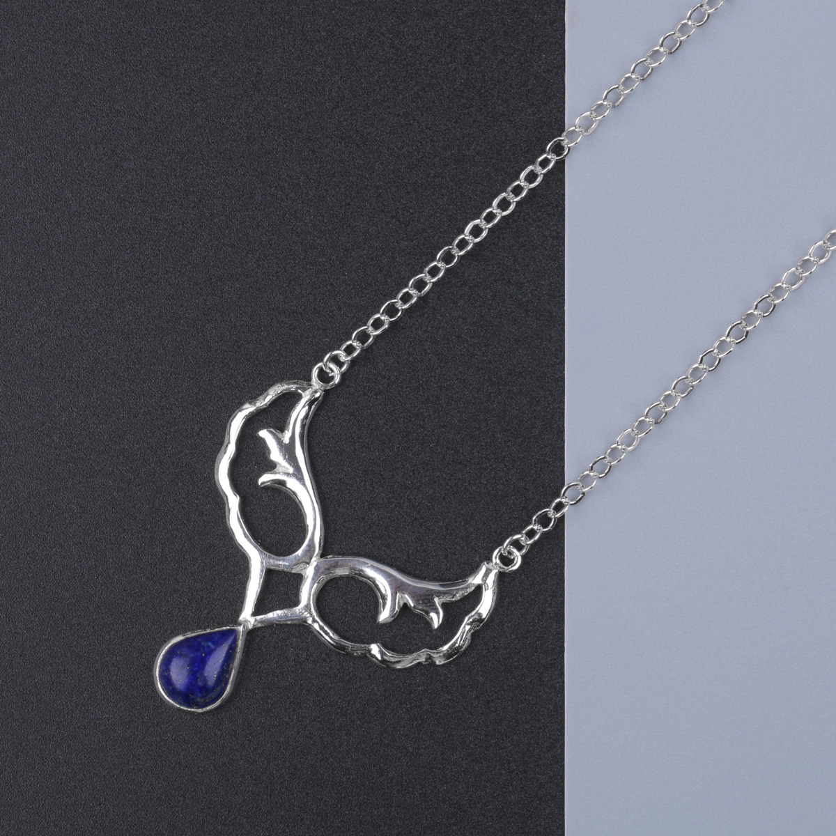 Silver Petal Pendant | Lapis Drop Necklace