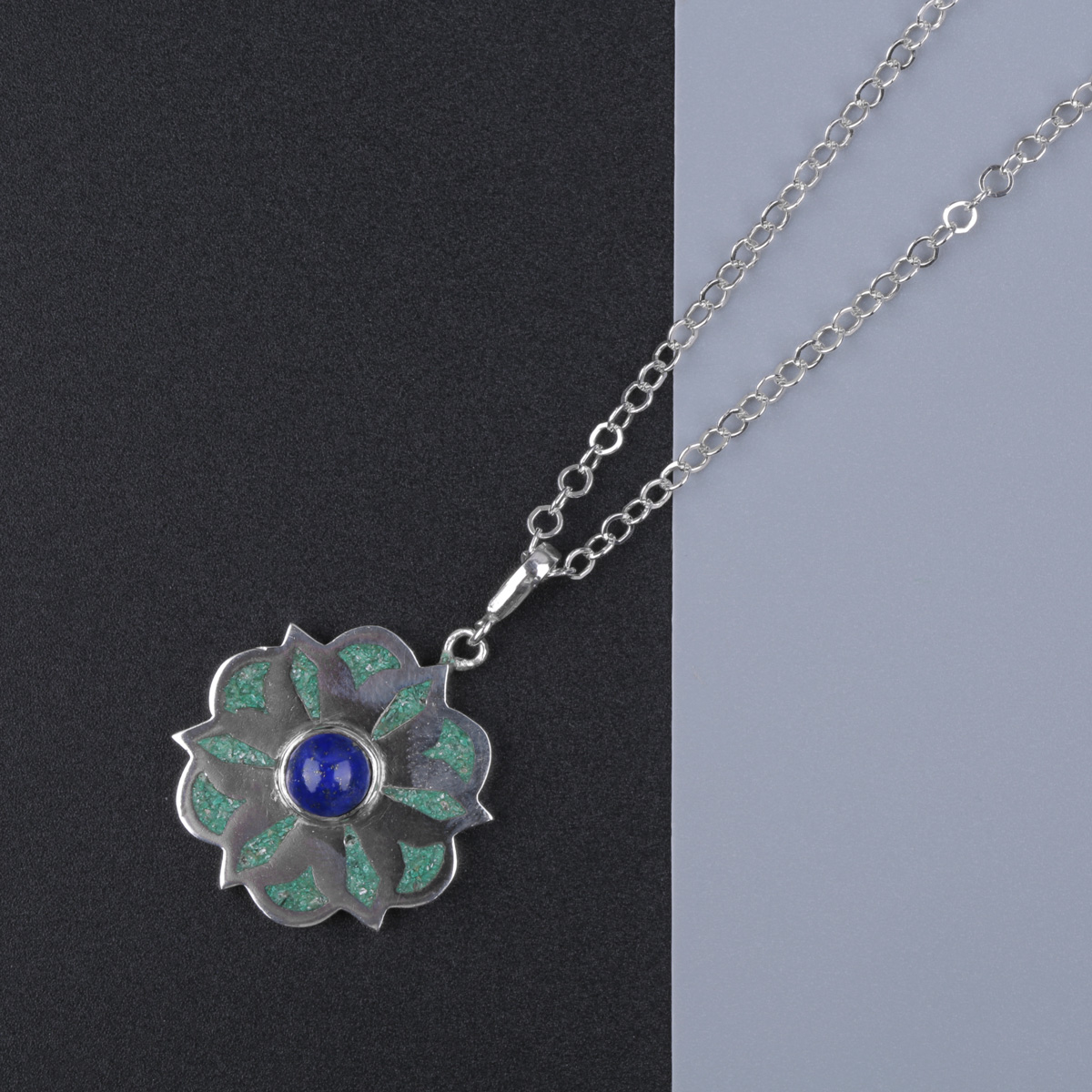 Six Petal Silver Necklace | Lapis Lazuli Drop Pendant