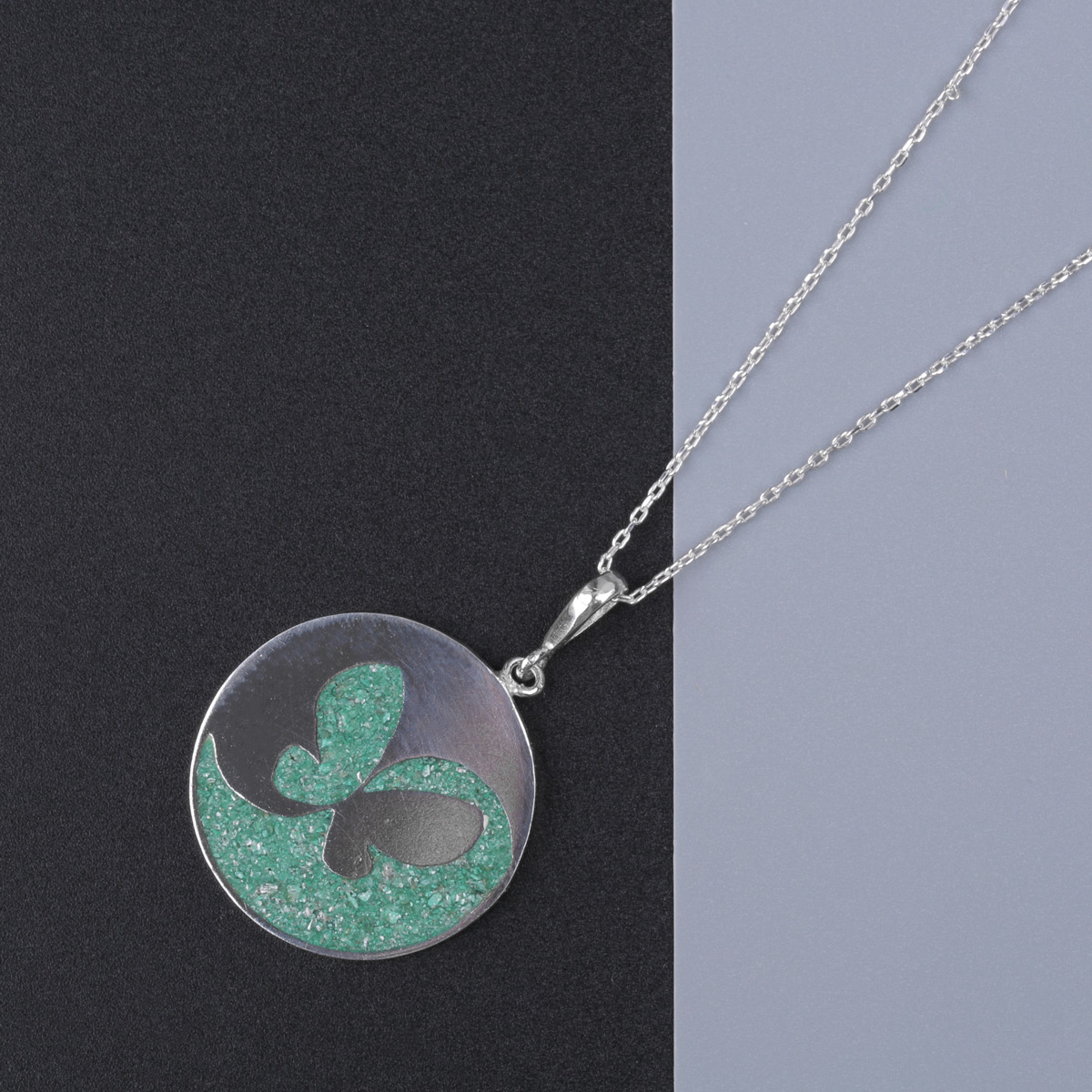 Chrysocolla Necklace | Butterfly Patterned Silver Pendant 