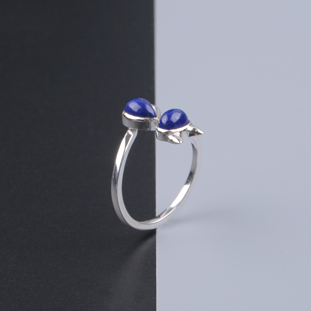 Cat Design Lapis Ring | Silver Bypass Ring 