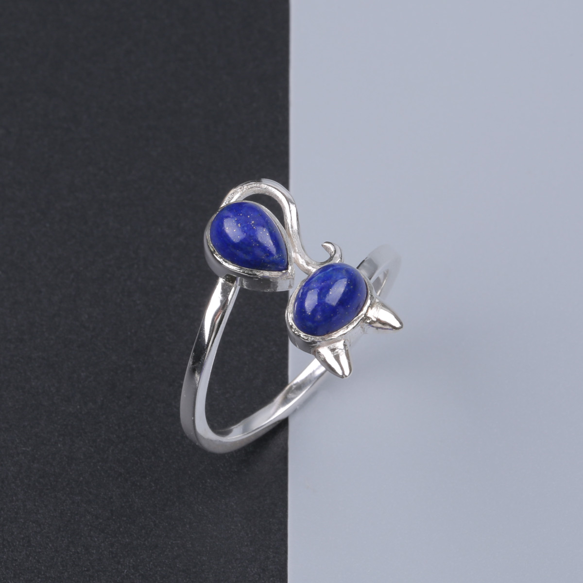 Cat Design Lapis Ring | Silver Bypass Ring 