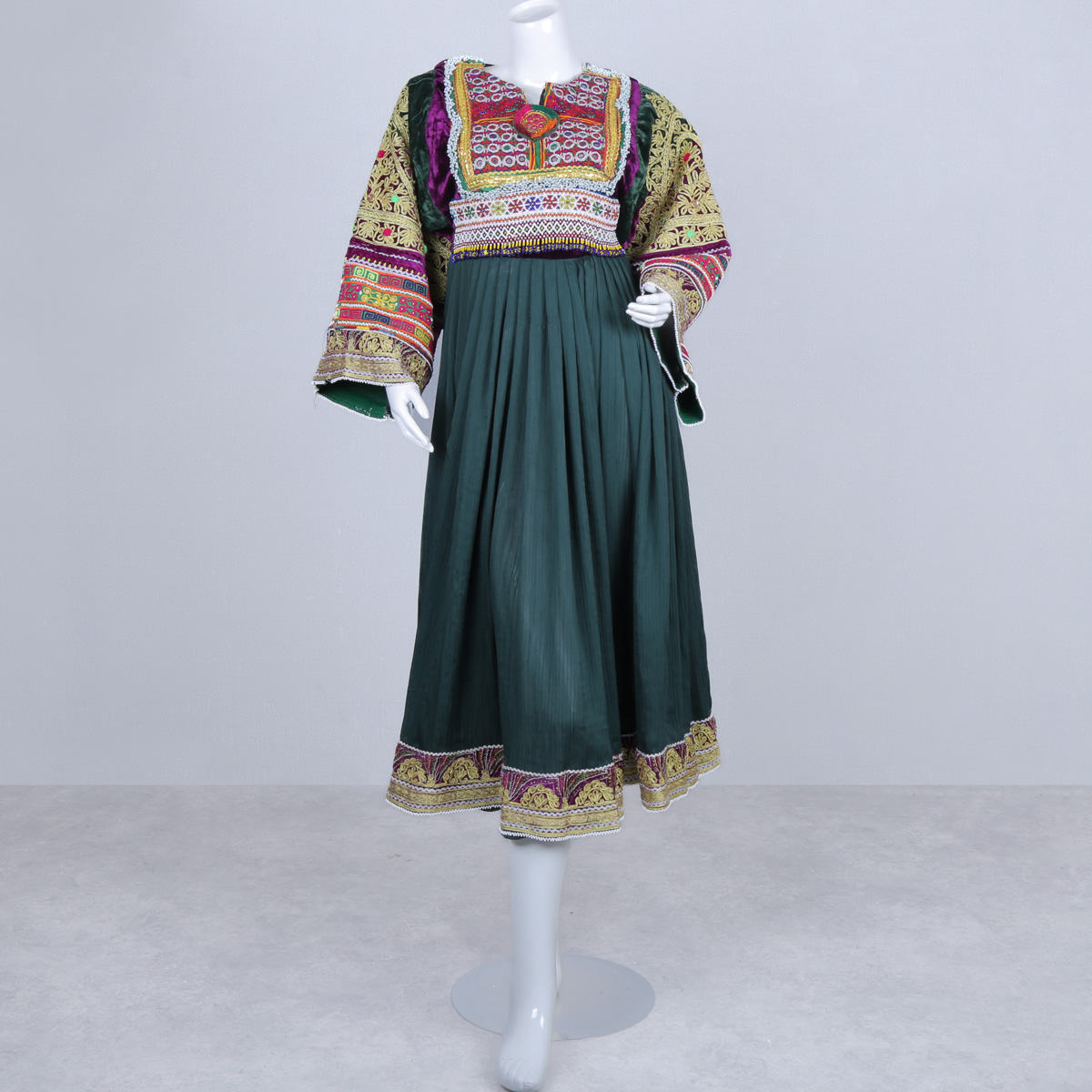 Green Net Sunray Pleated Afghan Dress | Bead & Mirror Embroidered Maxi