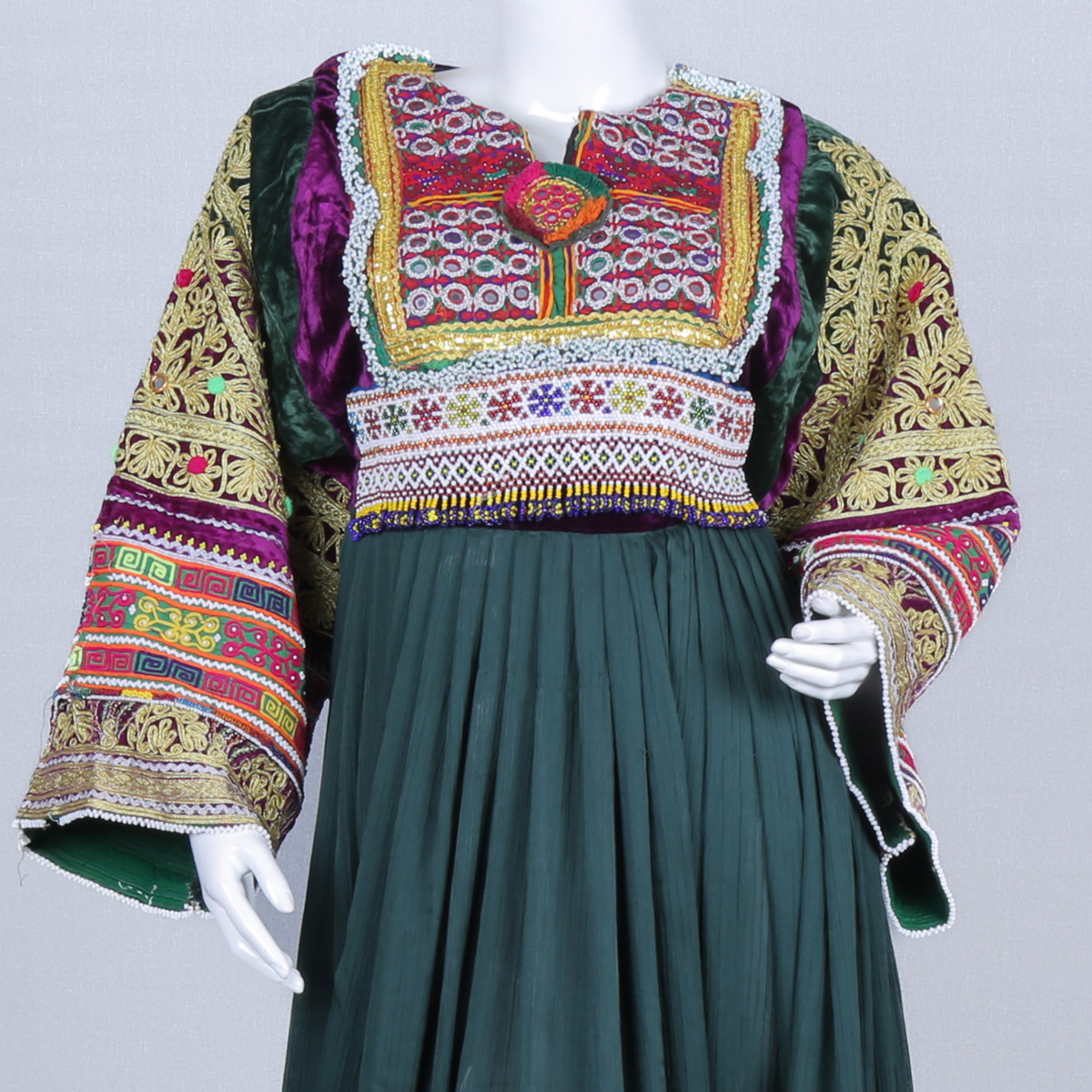 Green Net Sunray Pleated Afghan Dress | Bead & Mirror Embroidered Maxi