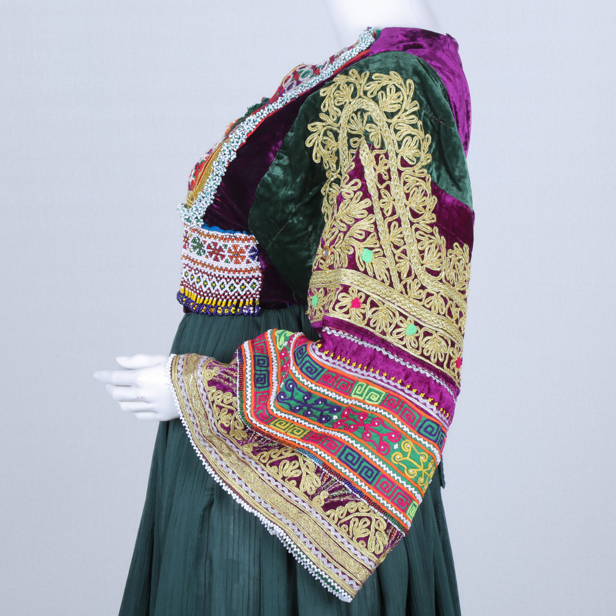 Green Net Sunray Pleated Afghan Dress | Bead & Mirror Embroidered Maxi