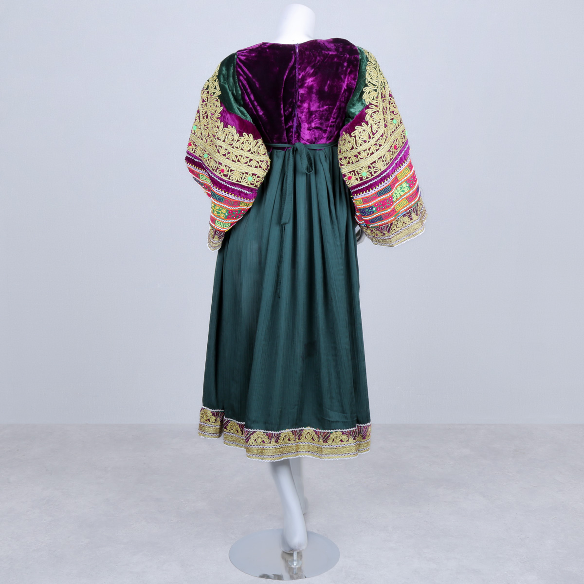 Green Net Sunray Pleated Afghan Dress | Bead & Mirror Embroidered Maxi