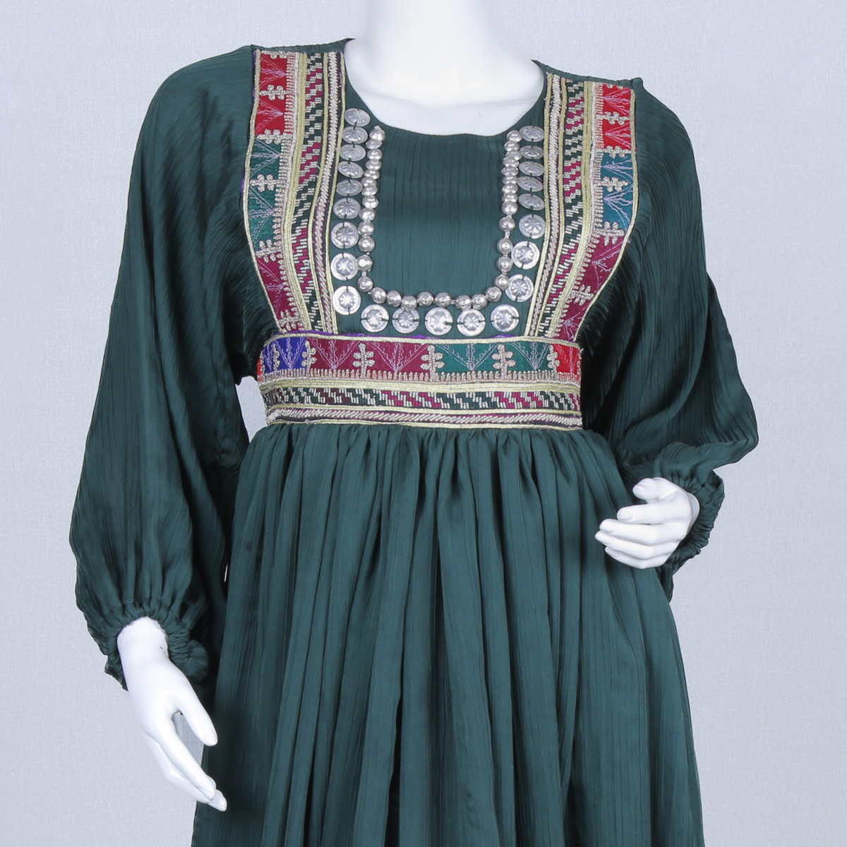 Green Net Sunray Pleated Long Frock | Coin Embroidered Cuff Sleeve Maxi
