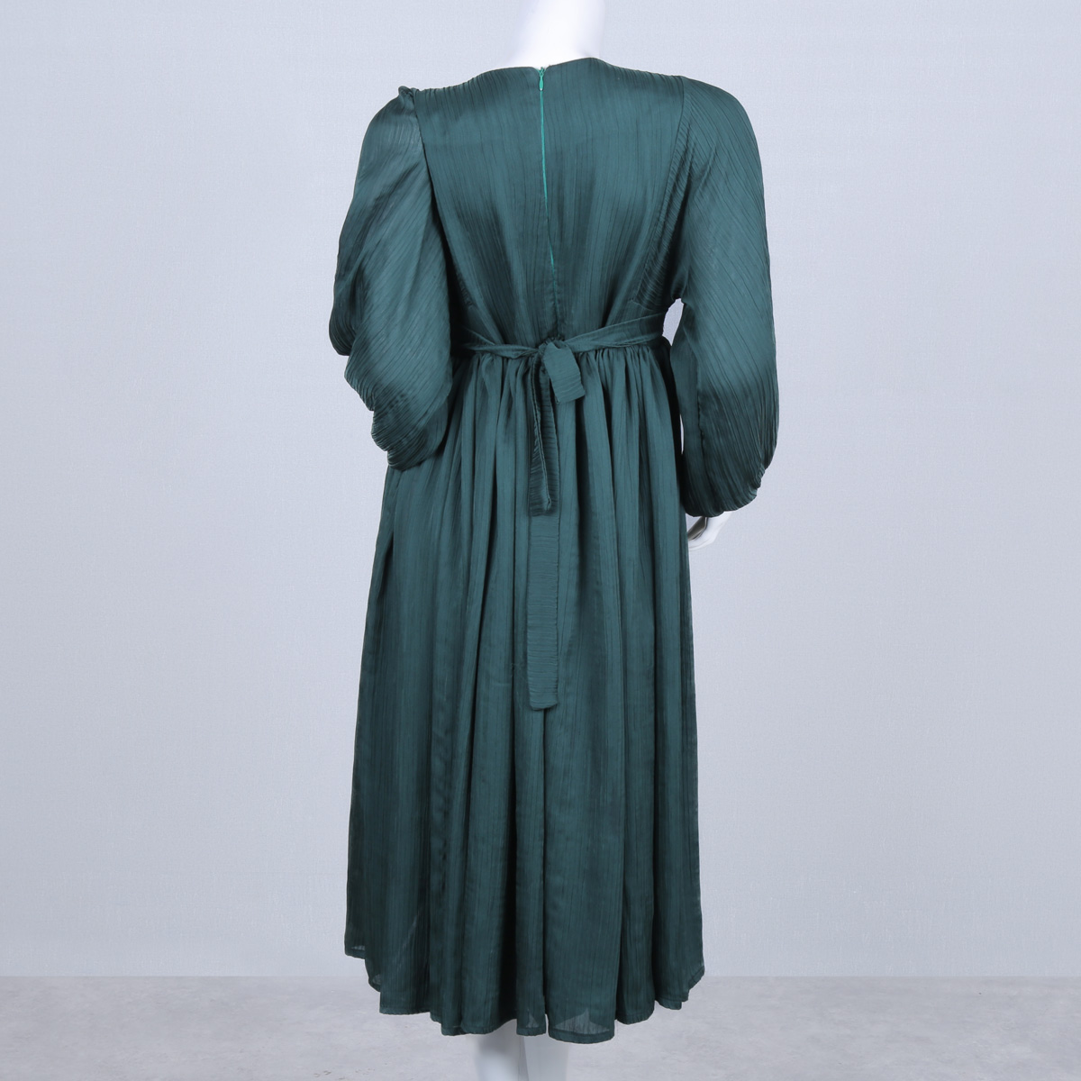 Green Net Sunray Pleated Long Frock | Coin Embroidered Cuff Sleeve Maxi