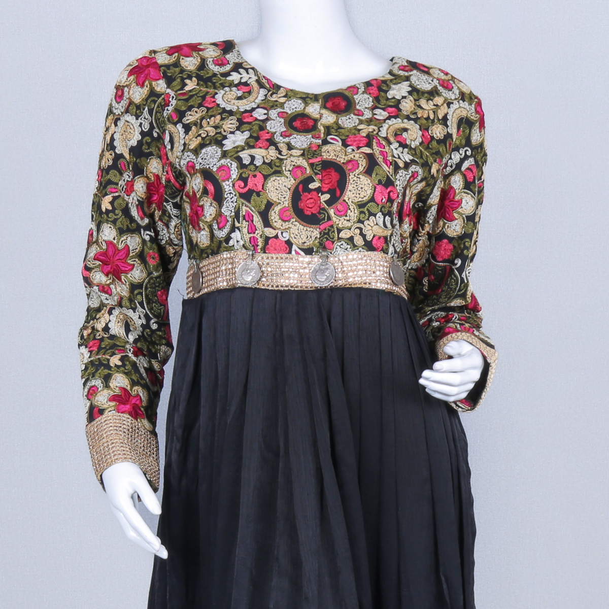 Black Floral Stitched Sunray Pleated Maxi | Georgette Coin Belted Frock