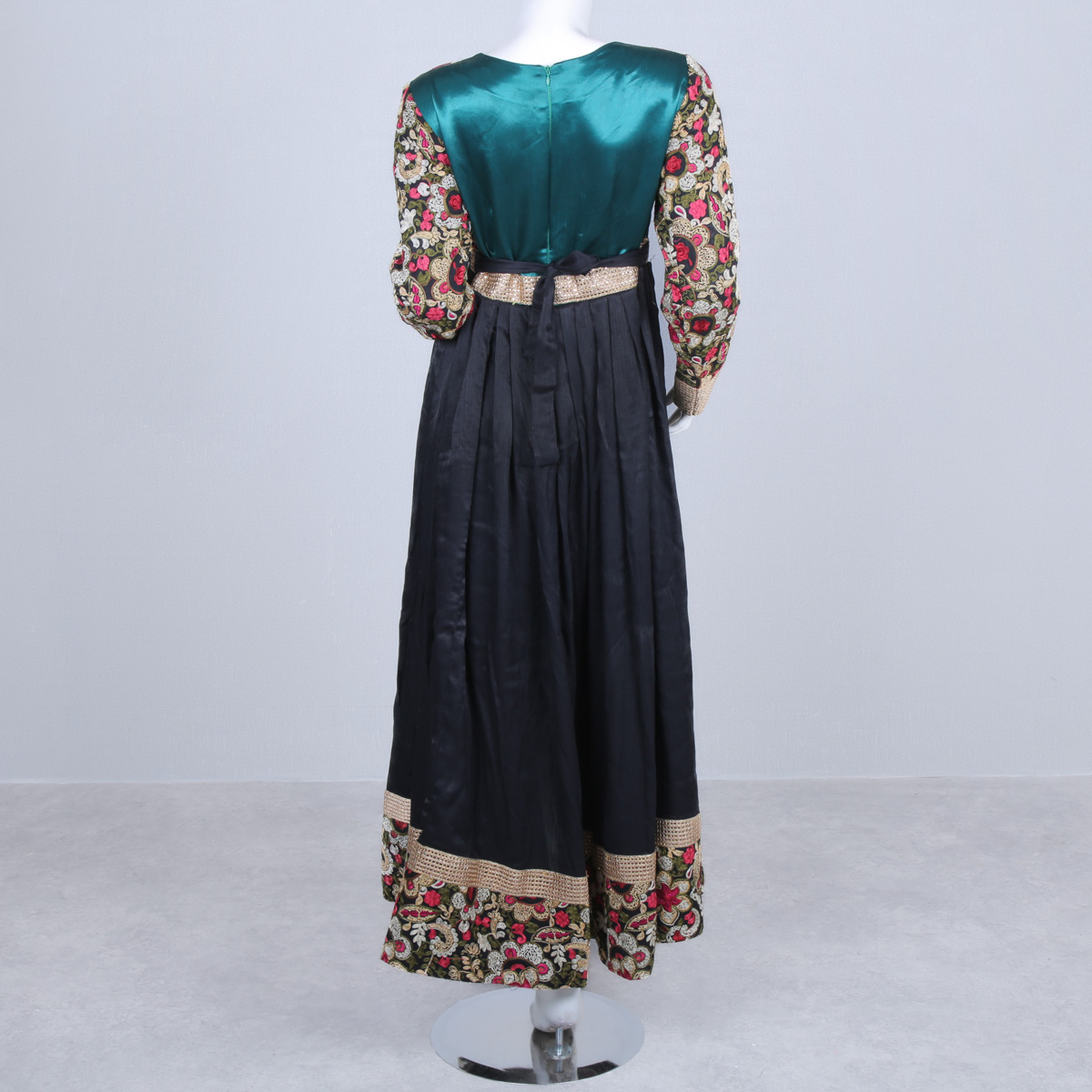 Black Floral Stitched Sunray Pleated Maxi | Georgette Coin Belted Frock