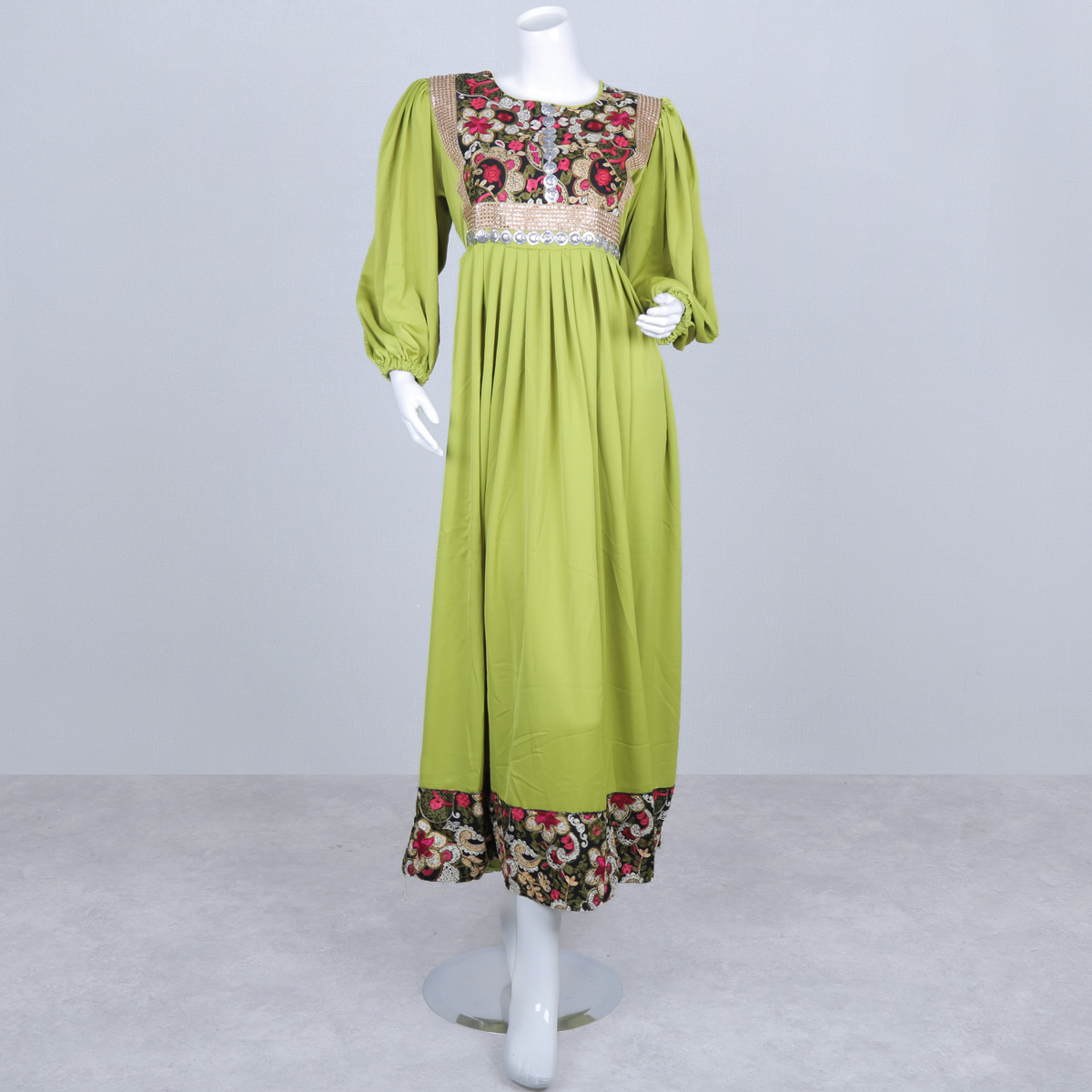 Green Floral Stitched Crepe Long Afghan Dress | Coin Belted Cuff Sleeve Pleated Frock