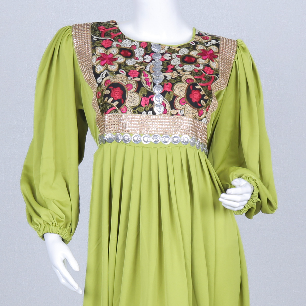 Green Floral Stitched Crepe Long Afghan Dress | Coin Belted Cuff Sleeve Pleated Frock