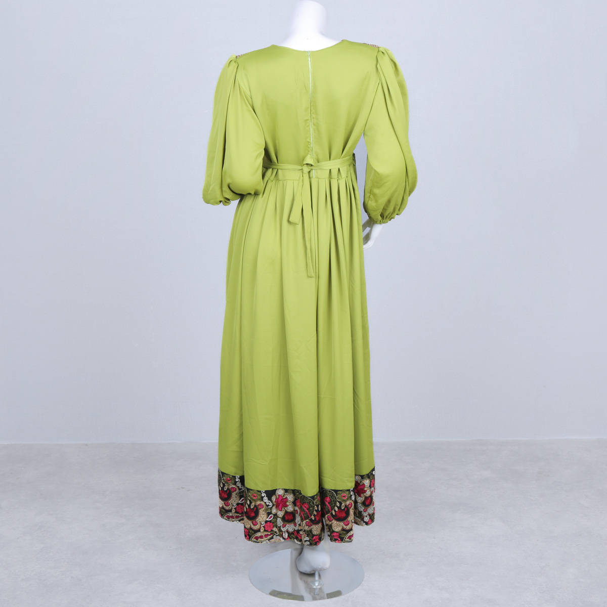 Green Floral Stitched Crepe Long Afghan Dress | Coin Belted Cuff Sleeve Pleated Frock