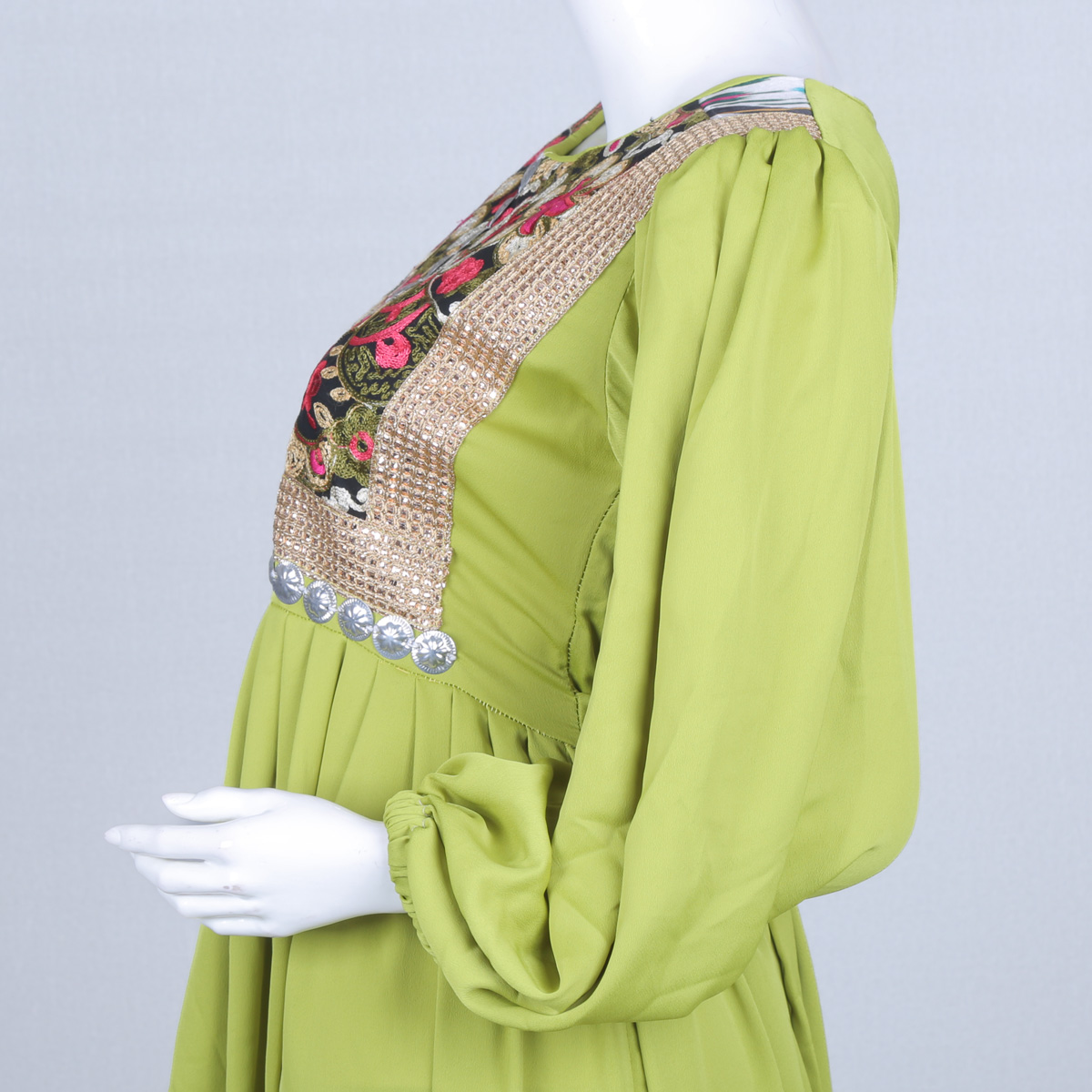 Green Floral Stitched Crepe Long Afghan Dress | Coin Belted Cuff Sleeve Pleated Frock