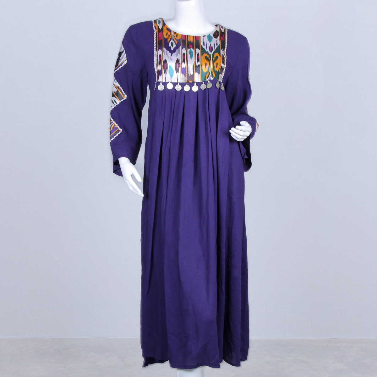 Purple Cross-Stitched Cotton Long Dress | Coin Belted Casual Wear Dress